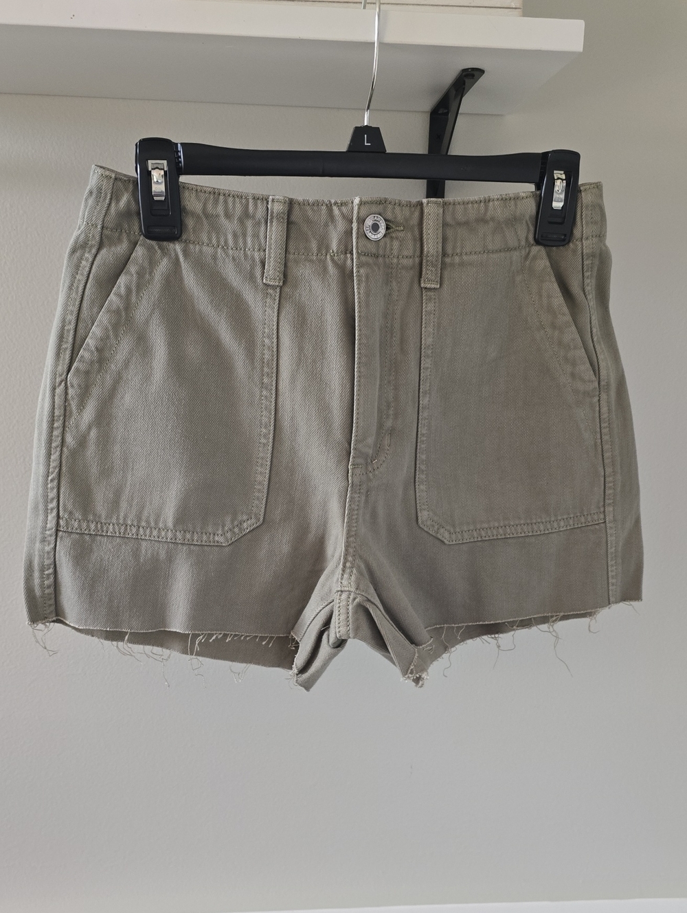 High-Rise Olive Green Denim Shorts with Frayed Hem